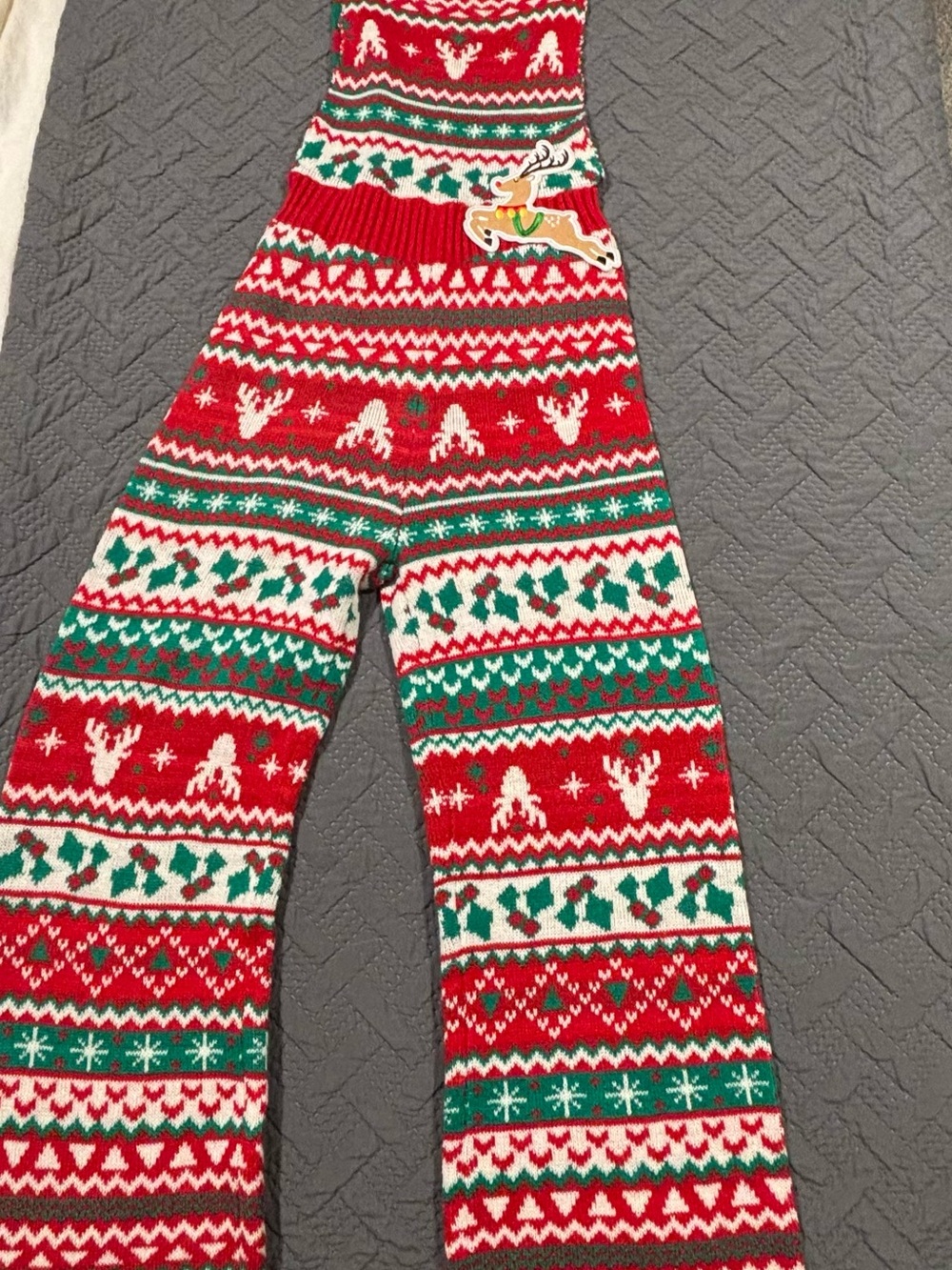 Women’s Wide Leg Holiday Knit Jumpsuit - Red & Green Fair Isle
